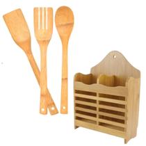 Kit Conjunto Bambu Porta Talher com Utensílios Cozinha