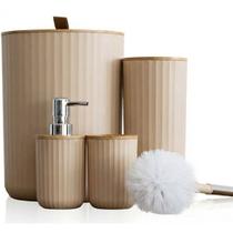Kit Conjunto Banheiro 4 Peças Lixeira Com Tampa Bambu Plástico Organizador Decoração Lavabo Suporte Sabonete Escova Lixo Escova Vaso Sanitario Tippi