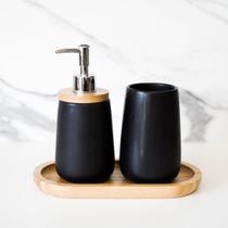 Kit Conjunto Banheiro Lavabo 3 Peças Com Bandeja Oval de Bambu Dispenser Sabonete Liquido Porta Escova Cerâmica