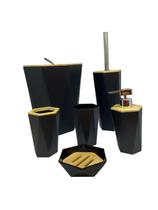 Kit Conjunto Banheiro Lavabo C/ Tampa Lixo Bambu Sextavado