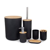 Kit Conjunto Banheiro Lavabo Escova Lixeira 6 Peças Bambu