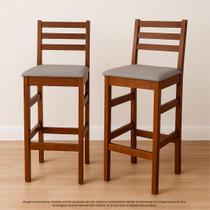 Kit Conjunto Banquetas Alta Estofada com Encosto Madeira Maciça Tecido Linho Cozinha Bancada Americana Churrasco Gourmet Bistrô 2 3 ou 4