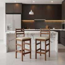 Kit Conjunto Banquetas Alta Estofada com Encosto Madeira Maciça Tecido Linho Cozinha Bancada Americana Churrasco Gourmet Bistrô 2 3 ou 4