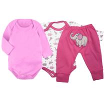 Kit Conjunto Bebê 3 Pças Body e Mijão Bumbum Bordado Algodão