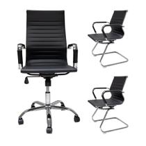 Kit Conjunto Cadeira de Escritório Presidente Eames + 2 Cadeiras Interlocutor Fixas Preta Kit Conjunto Cadeira de Escritório Presidente Eames + 2 Cadeiras Interlocutor Fixas Preta