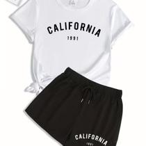 Kit Conjunto Camiseta Shorts Feminino California 1991 Academia Treino Leve Blusinha e Short Kit Conjunto Camiseta Shorts Feminino California 1991 Academia Treino Leve Blusinha e Short