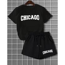 Kit Conjunto Camiseta Shorts Feminino Chicago Academia Treino Leve Blusinha e Short