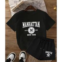 Kit Conjunto Camiseta Shorts Feminino Manhattan New York Treino Leve Blusinha e Short Kit Conjunto Camiseta Shorts Feminino Manhattan New York Treino Leve Blusinha e Short