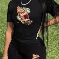 Kit Conjunto Camiseta Shorts Feminino Mão Gangster Oração Academia Treino Leve Blusinha e Short Kit Conjunto Camiseta Shorts Feminino Mão Gangster Oração Academia Treino Leve Blusinha e Short