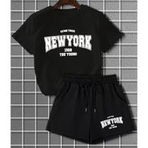 Kit Conjunto Camiseta Shorts Feminino New York Academia Treino Leve Blusinha e Short