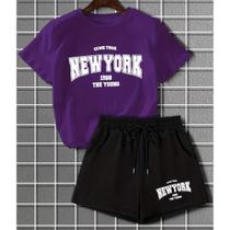 Kit Conjunto Camiseta Shorts Feminino New York Academia Treino Leve Blusinha e Short