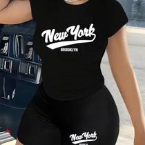 Kit Conjunto Camiseta Shorts Feminino New York Brooklyn Academia Treino Leve Blusinha e Short Kit Conjunto Camiseta Shorts Feminino New York Brooklyn Academia Treino Leve Blusinha e Short