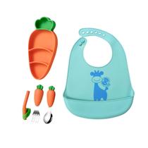 Kit Conjunto Cenoura Prato Talheres e Babador de Silicone Criança Bebê Introdução Alimentar Infantil