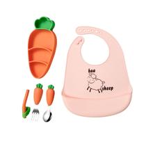 Kit Conjunto Cenoura Prato Talheres e Babador de Silicone Criança Bebê Introdução Alimentar Infantil