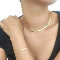 Kit Conjunto Chocker Malha Fita Laminada com Pulseira Folheado a Ouro 18K Gargantilha Tendência