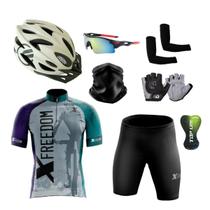 Kit Conjunto Ciclismo Camisa Bermuda Proteção UV + Capacete Ciclismo + Luvas + Óculos Esportivo + Manguito + Bandana