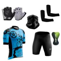 Kit Conjunto Ciclismo Camisa C/ Proteção UV e Bermuda em Gel + Luvas Ciclismo + Manguito + Bandana