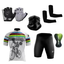 Kit Conjunto Ciclismo Camisa C/ Proteção UV e Bermuda em Gel + Luvas Ciclismo + Manguito + Bandana