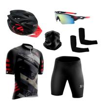 Kit Conjunto Ciclismo Camisa e Bermuda + Capacete Ciclismo + Óculos Esportivo + Manguito + Bandana