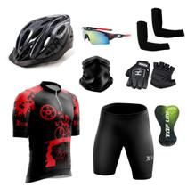 Kit Conjunto Ciclismo Camisa e Bermuda + Capacete de Ciclismo C/ Luz LED + Luvas de Ciclismo + Óculos Esportivo + Par de Manguitos + Bandana - XFreedom
