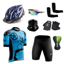 Kit Conjunto Ciclismo Camisa e Bermuda + Capacete de Ciclismo C/ Luz LED + Luvas de Ciclismo + Óculos Esportivo + Par de Manguitos + Bandana - XFreedom