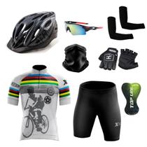 Kit Conjunto Ciclismo Camisa e Bermuda + Capacete de Ciclismo C/ Luz LED + Luvas de Ciclismo + Óculos Esportivo + Par de Manguitos + Bandana - XFreedom