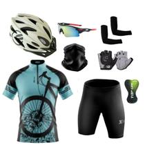 Kit Conjunto Ciclismo Camisa e Bermuda Proteção UV + Capacete Ciclismo + Luvas + Óculos Esportivo + Manguito + Bandana