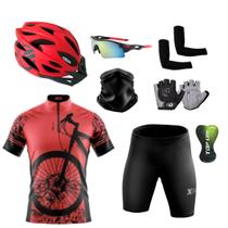 Kit Conjunto Ciclismo Camisa e Bermuda Proteção UV + Capacete Ciclismo + Luvas + Óculos Esportivo + Manguito + Bandana