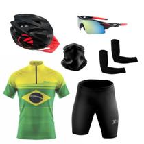 Kit Conjunto Ciclismo Camisa e Bermuda Proteção UV + Capacete Ciclismo + Óculos Esportivo + Manguito + Bandana - XFreedom