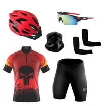 Kit Conjunto Ciclismo Camisa e Bermuda Proteção UV + Capacete Ciclismo + Óculos Esportivo + Manguito + Bandana