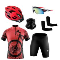 Kit Conjunto Ciclismo Camisa e Bermuda Proteção UV + Capacete Ciclismo + Óculos Esportivo + Manguito + Bandana