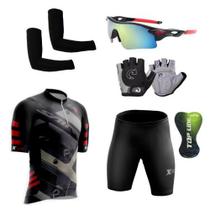 Kit Conjunto Ciclismo Camisa e Bermuda Proteção UV + Luvas + Óculos Esportivo + Manguito