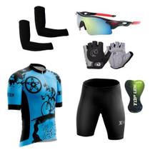 Kit Conjunto Ciclismo Camisa e Bermuda Proteção UV + Luvas + Óculos Esportivo + Manguito