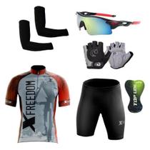 Kit Conjunto Ciclismo Camisa e Bermuda Proteção UV + Luvas + Óculos Esportivo + Manguito