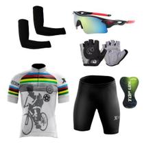 Kit Conjunto Ciclismo Camisa e Bermuda Proteção UV + Luvas + Óculos Esportivo + Manguito