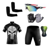 Kit Conjunto Ciclismo Camisa e Bermuda Proteção UV + Luvas + Óculos Esportivo + Manguitos