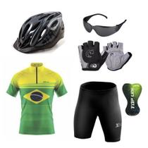 Kit Conjunto Ciclismo Camisa Proteção UV e Bermuda + Capacete Ciclismo +Luvas Ciclismo + Óculos