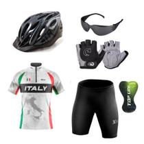 Kit Conjunto Ciclismo Camisa Proteção UV e Bermuda + Capacete Ciclismo +Luvas Ciclismo + Óculos