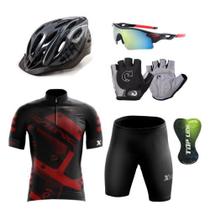 Kit Conjunto Ciclismo Camisa Proteção UV e Bermuda em Gel + Capacete Ciclismo + Luvas Ciclismo + Óculos - XFreedom