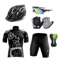 Kit Conjunto Ciclismo Camisa Proteção UV e Bermuda em Gel + Capacete Ciclismo + Luvas Ciclismo + Óculos - XFreedom