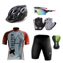 Kit Conjunto Ciclismo Camisa Proteção UV e Bermuda em Gel + Capacete Ciclismo + Luvas Ciclismo + Óculos