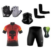 Kit Conjunto Ciclismo Camisa Proteção UV e Bermuda em Gel + Luvas Ciclismo + Manguito + Bandana