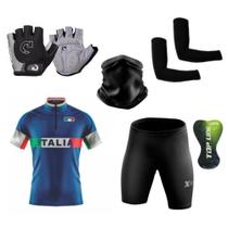 Kit Conjunto Ciclismo Camisa Proteção UV e Bermuda em Gel + Luvas Ciclismo + Manguito + Bandana