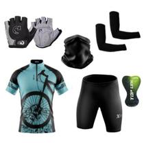 Kit Conjunto Ciclismo Camisa Proteção UV e Bermuda em Gel + Luvas Ciclismo + Manguito + Bandana - XFreedom