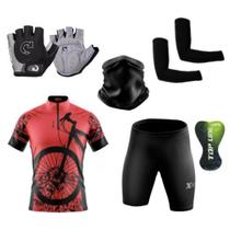 Kit Conjunto Ciclismo Camisa Proteção UV e Bermuda em Gel + Luvas Ciclismo + Manguito + Bandana