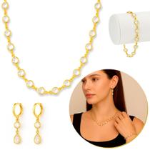 Kit Conjunto Colar Bolinha Banhado Com Pulseira Brinco Feminino