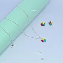 Kit Conjunto Colar + Brincos Autismo com Pingente Coração quebra cabeça Colorido Folheado Ouro antialérgico Brinco