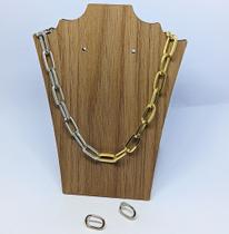 Kit Conjunto Colar Choker e Par Brincos Corrente Elos Grosso Retangular Folheado Ouro Mix Dois Banhos Dourado com Prata