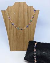 Kit Conjunto Colar Choker e Pulseira com zircônias Cristais Borboletas colorida Folheado Ouro Prata Dourado Luxo