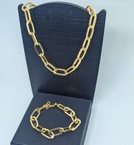 Kit Conjunto Colar Choker e Pulseira Corrente Elo Grossa Quadrado Folheado Ouro 18k Elos Grande Moda Blogueira Luxo
